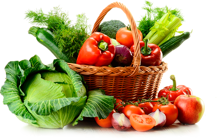Cesto com diversos legumes e frutas
